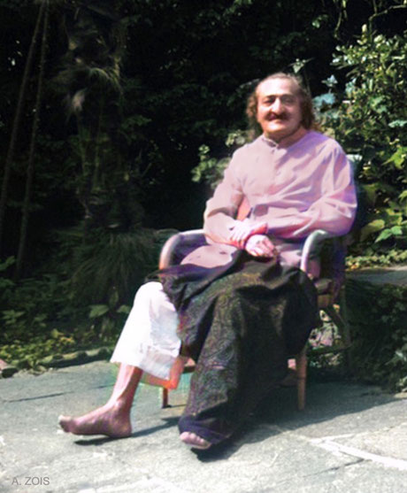 Mid-April 1952 : Meher Baba recouperating at the Merten's home in Locarno, Switzerland. Image colourized by Anthony Zois.