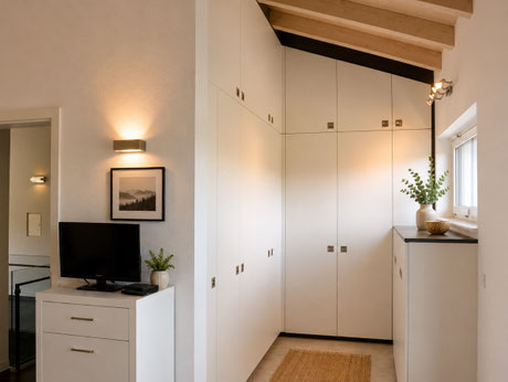Begehbarer Kleiderschrank nach Maß unter Dachschräge mit weißen Einbauschränken, deckenhohen Schrankelementen und zusätzlichem Stauraum bis in den Spitzboden, gefertigt von Holzdesign Rapp.