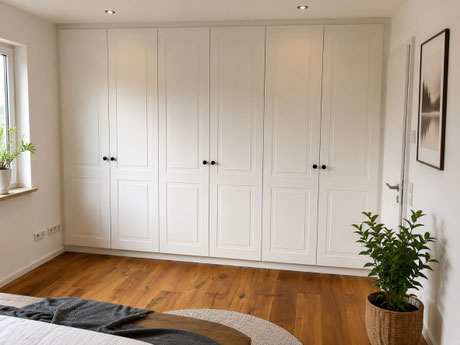 In Wandnische eingelassener, weiß lackierter Kleiderschrank nach Maß mit individueller Inneneinteilung nach Kundenwunsch im Landhausstil von Schreinerei Holzdesign Ralf Rapp in Geisingen