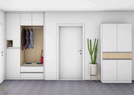 3D-CAD Planung Garderobenschrank weiß mit offener Garderobennische, Flurmöbel in weiß Hochglanz & offene Eiche-Dekor Garderobennische, Garderobenschrank mit Schlüsselnische in weiß Hochglanz & Holzdekor, Dielenmöbel für Garderobe & Schuhschrank in weiß