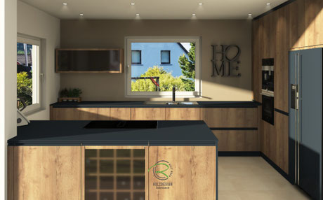 Fotorealistische 3D-Planung einer individuellen Schreinerküche einer Küchensanierung in schwarz & Holzdekor, mit Halbinsel und einbetteten Side by Side Kühlschrank mit eingebauter Kaffeemaschine, schwarzen Griffleisten