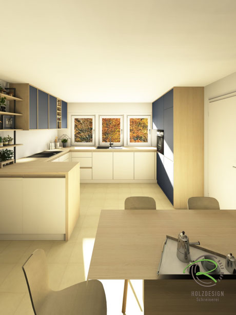 Japandi-Küchenplanung in Eiche, Alpenseeblau und Beige mit grifflosem Design, maßgefertigten Rahmenfronten und Insel – moderne Schreinerküche für einen Bestandsumbau in Radolfzell-Markelfingen am Bodensee