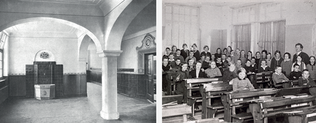 Abb.2+3: Fotografie der Halle im Schulhaus, 1914. Klassenzimmer im Burgschulhaus, vermutlich 1932.