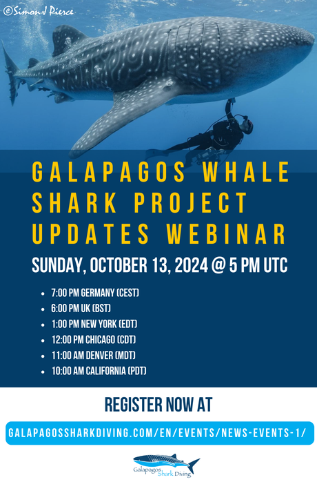 Galapagos Webinar Week flyer featuring a whale shark in the background. The flyer lists the schedule for the webinar series taking place from Wednesday, May 29th, 2024 to Sunday, June 2nd, 2024.