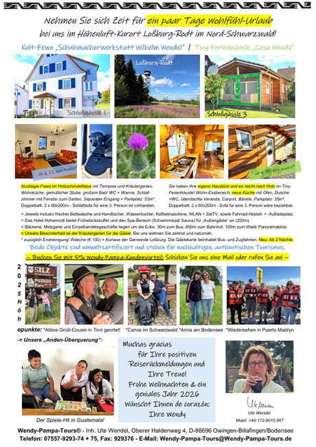 Unser alljährlicher Kunden-Weihnachtsflyer mit Wendy-Unterkünften im Nord-Schwarzwald