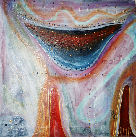 Artigkeit, Claudia Karrasch, Bonn, Malen, Abstrakte Malerei, Kunst, Studio, Glasbaustein 1, Acryl, Lasurtechnik, Perlen, Mosaiksteinchen, etc., 40 x 40 cm, Mai 2009