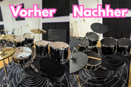 Vergleich Vorher-Nachher-Bild akustisches und hybrides Schlagzeug