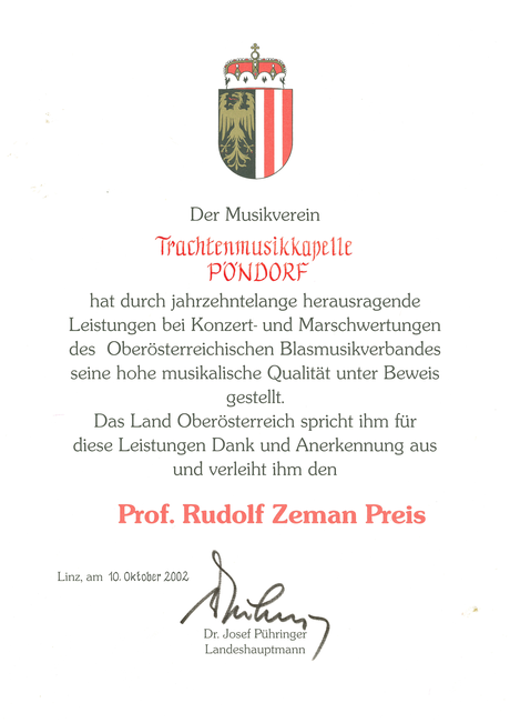 Prof. Rudolf Zeman Urkunde TM Pöndorf