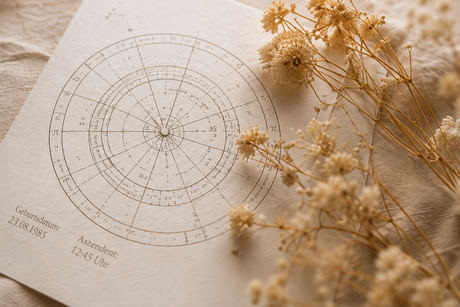 Geburtshoroskop auf Papier mit astrologischem Kreis und getrockneten Blumen für eine persönliche Horoskopanalyse