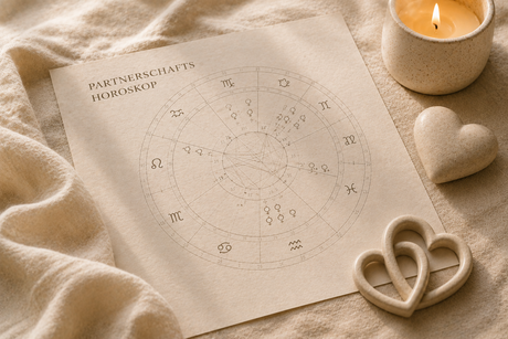 Partnerschaftshoroskop auf Papier mit Kerze und Herzsymbolen für astrologische Beziehungsanalyse