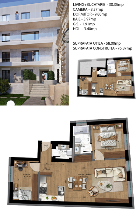 Apartament 3 camere Piață unirii etaj 1