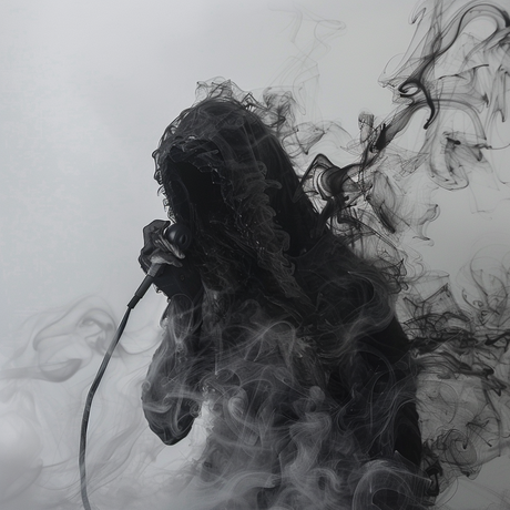 Eine schwarz gekleidete Person hält ein Telefon, die Person ist von Rauch umgeben alles wirkt düster und gruslig im Stil ausdrucksstarker figurativer Werke, Witchcore, Figura Serpentinata, Langzeitbelichtung