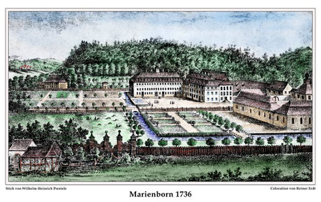 Schloss Marienborn: Residenz der Grafen von Ysenburg-Büdingen-Marienborn, 1736; mit freundlicher Erlaubnis von Rainer Erdt, der den Stich coloriert hat