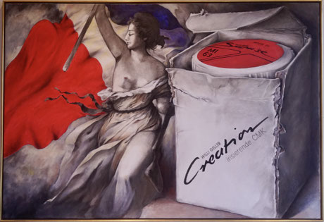 This poster was released when "Creation Willi Geller" was first released. It pays homage to Delacroix's "La Liberté guidant le peuple." Perhaps the poster conveys the message that the release of Creation ceramics will give dental professionals greater fre