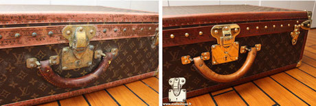 Alzer 65 Louis Vuitton suitcase from  1990,  restoration in our workshops of the leather handle destroyed by the humidity of a cellar. read more...