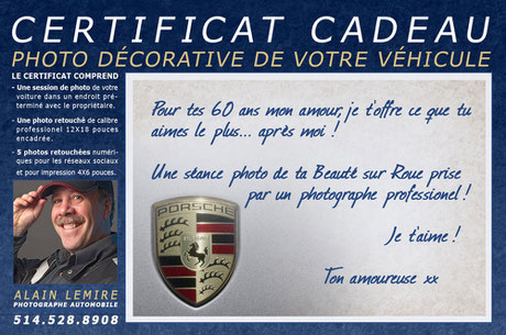 Un certificat cadeau d'une séance photo décorative d'une voiture passion par Alain Lemire