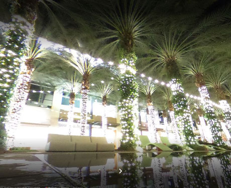 Scottsdale Quarter's fountain and lite palm trees. Screenshot taken from a Google Earth 360 degree picture taken in 2015. 