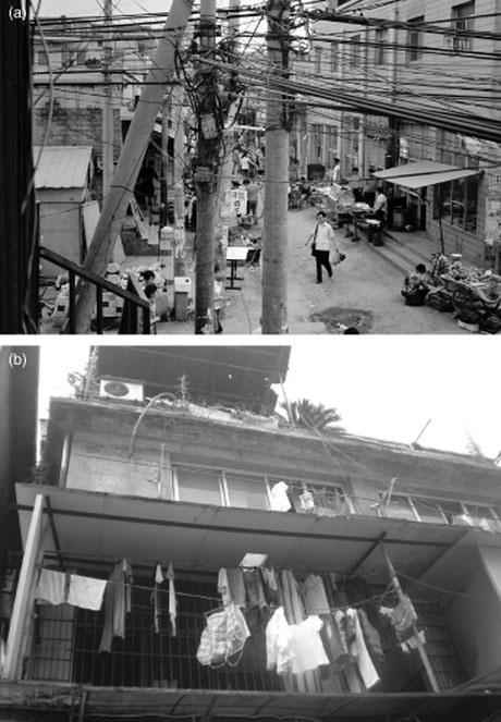(Top) An impoverished area of Beijing. (Bottom) An illegal house in a suburb of Beijing. Village house and street in Tujing, Beijing in  Zhao 2013.