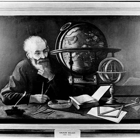 Galileo studying a celestial globe. Oil painting.