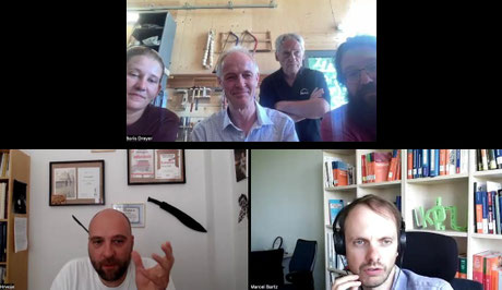 Internationale Zoomkonferenz. Oben von links nach rechts: Mischa Kunkel, Boris Dreyer, Peter Schedel und Rowan Taylor; unten link: Hrvoje Vulić; unten rechts: Marcel Bartz