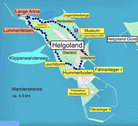 Karte: Unser Weg über die. Insel Helgoland