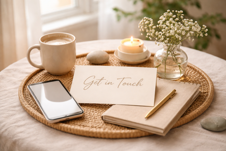 Get in Touch with Infinitum Therapy card on table with phone, diary, candle and a hot drink