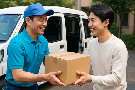 荷物を手渡す軽貨物ドライバーと、笑顔で荷物を受け取る男性