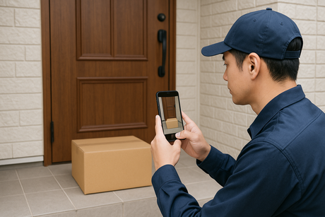 置き配で荷物を届けた軽貨物ドライバーが配達場所の写真を撮っている