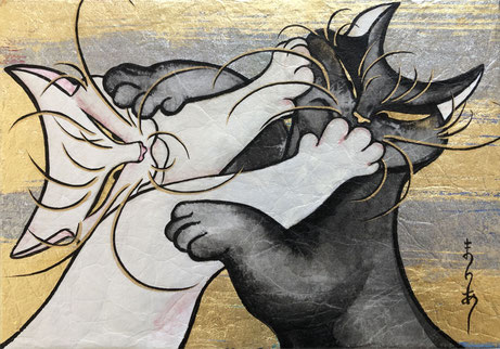 "Good friends"  15.8 x 22.7 cm  Traditional Japanese  Painting.  Framed.