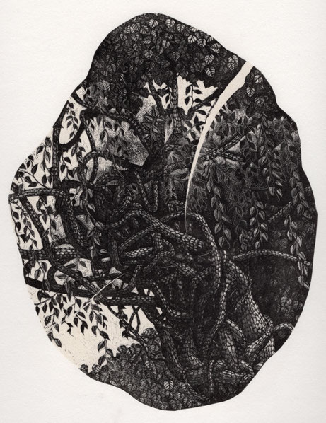 心内環境風景①(絡まったまま成長を続ける)/木口木版/24×18cm/シート価格￥26,400(税込み)/ 額装込み￥35,300(税込み)