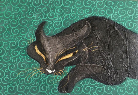 「探求」 和紙 墨 金泥 岩絵の具 膠 金箔　F3
