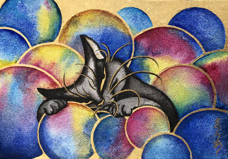 "Greedy"　15.8 x 22.7 cm  Traditional Japanese Painting supported by Fresco .    Framed.