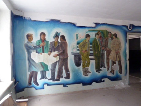 workers mural in disused Kyrgyz office 