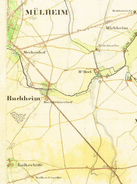 Abb. 2 - Ausschnitt aus der Karte von 1844 - Reproduktion: Peukert GmbH Köln, Heruasgegeben und Druck: Landesvermessungsamt Nordrhein-Westfaleb, Original im Besitz der Staatsbibliothek zu Berlin - Preußischer Kulturbesitz. 