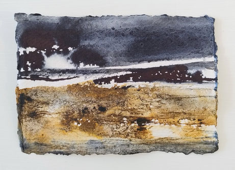 Fields at dusk- #1, Mixmedia on Indians handmade paper, 16x11cm, by Mamiko Nagatomo