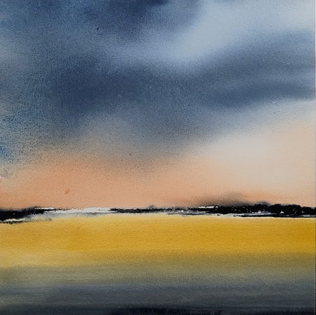 by Mamiko Nagatomo, "Schemering #1", aquarelle on aquarelle paper and wood panel, 30 x 30 x 3cm
