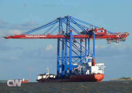 Dieses Bild verdeutlich die Größe der Containerbrücken.