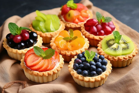 フルーツがたっぷりのったタルトケーキが並んでいる。