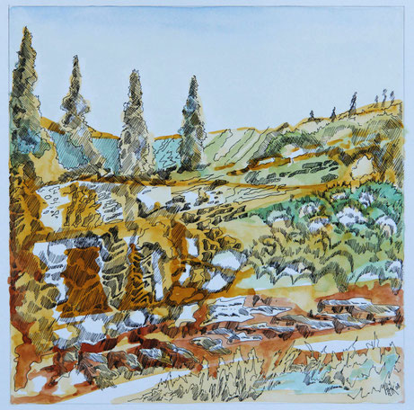Summer in the Alentejo - acryl with pencil and sandstructure on paper - 25 x 25 cm