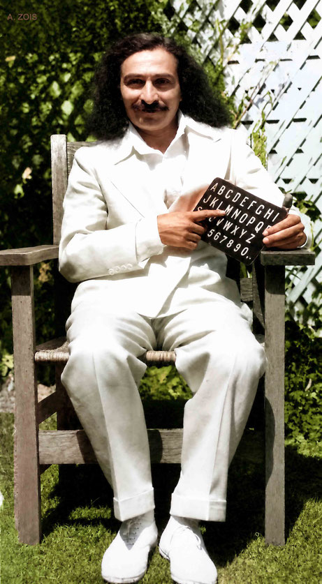 Meher Baba in Hollywood, CA. May-June 1932. Taken at the Jones' garden. Image rendition by Anthony Zois. BP