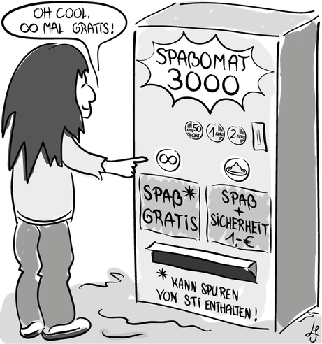 Wissenschaftliche Karikatur zum Thema Sexuell übertragbare Krankheiten, Geschlechtskrankheiten, Verhütung und Schutz beim Geschlechtsverkehr