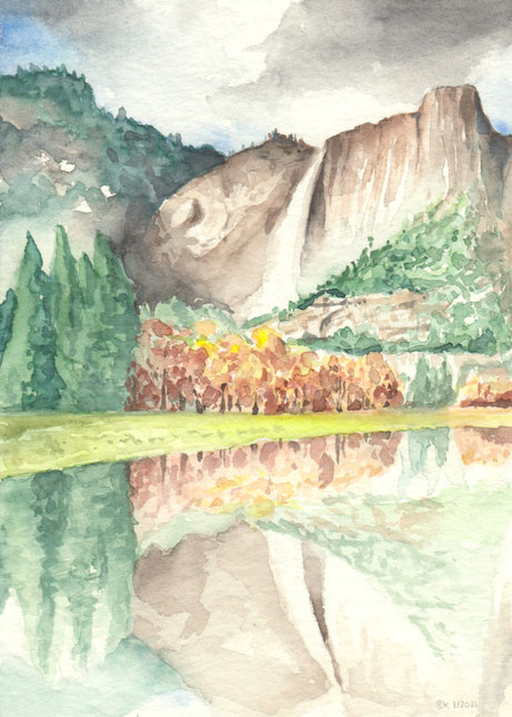 Aquarellstudie "Wasserfall in herbstlicher Umgebung": von hohem Felsplateau fällt ein Wasserfall, darunter Wald, der teilweise schon herbstlich gefärbt ist. Die Szene spiegelt sich in einem See
