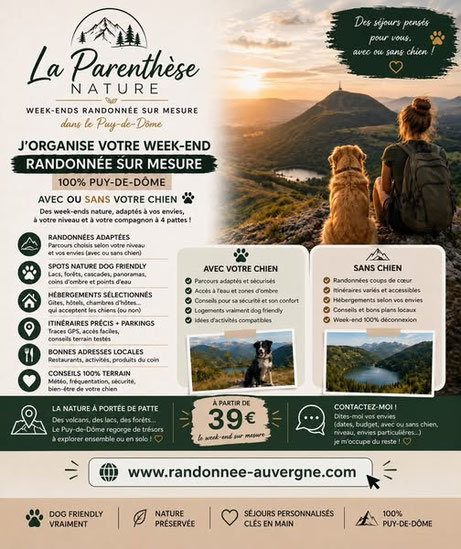 prospectus  de La Parenthèse Nature, guide de randonnée avec chien en Auvergne 
