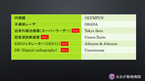 結崎駅 動物病院のおおが動物病院 結崎 では 随時医療設備を導入している。内視鏡、半導体レーザ、スーパーライザー、超音波、EESジェネレーター