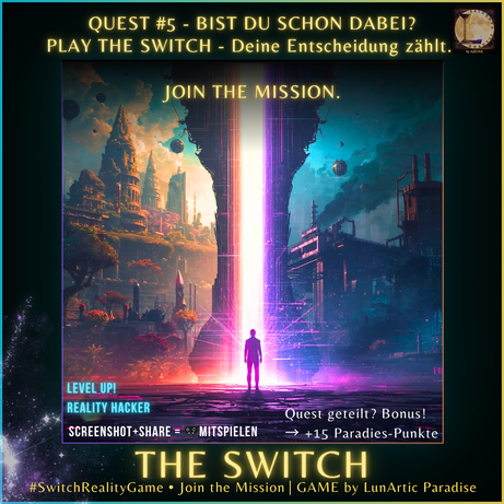 Geteilte Realität mit Rabbit Hole: Paradies links, Tierleid rechts. Symbolbild für Quest #5 im Switch-Reality-Game – Thema Ernährung & Bewusstsein. #Kaninchenbau #BewusstEssen #SwitchRealityGame #LunArticParadise #ParadiesUpload