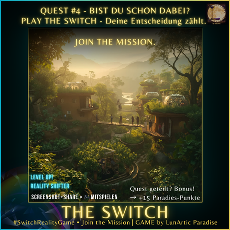 Ein paradiesisches Öko-Dorf in goldenem Licht, Menschen stehen auf Brücken zwischen begrünten Lehmhäusern und Gewächshäusern – Symbol für nachhaltiges Leben, Bewusstsein und die Mission des Switch-Reality-Games.
