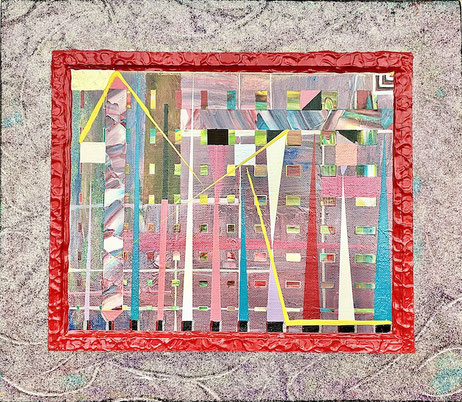 Kunstwerk „POSTHUMANISMUS“ von Andreas Alka alias FLoyd, Acryl auf Leinwand mit integrierter Holzrahmenstruktur, 30 x 24 cm, abstrakt-geometrische Komposition mit digital anmutender Struktur und Signalformlinien. Ausdruck einer posthumanistischen Vision.