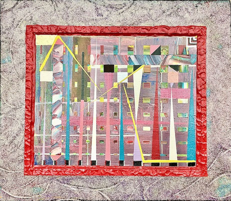 Kunstwerk „POSTHUMANISMUS“ von Andreas Alka alias FLoyd, Acryl auf Leinwand mit integrierter Holzrahmenstruktur, 30 x 24 cm, abstrakt-geometrische Komposition mit digital anmutender Struktur und Signalformlinien. Ausdruck einer posthumanistischen Vision.