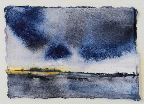 The Maas River under the dark cloud, Mixmedia on Indians handmade paper, 16x11cm, by Mamiko Nagatomo