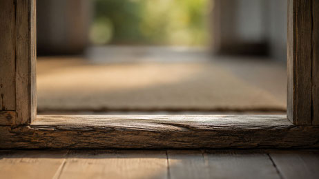 Eine alte Holzschwelle bildet den einzigen scharfen Punkt zwischen zwei unscharfen Räumen. as Bild lenkt den Blick auf den Übergang selbst und symbolisiert die Phase zwischen Bewahren und Weitergehen, in der sich Zukunft formt, bevor sie sichtbar wird.
